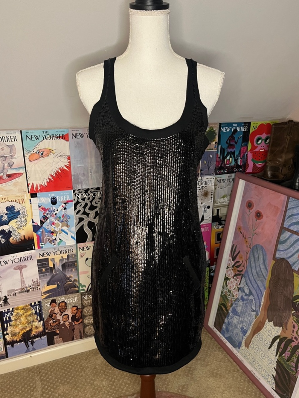 BCBGMaxAzria Black Sequin Racerback Tank Terry Dress